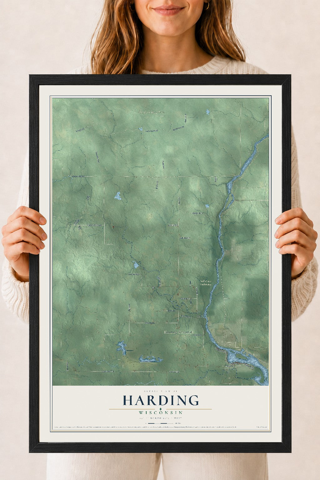 Map of Harding, Wisconsin, 18 x 24 inch print in a black wood frame
