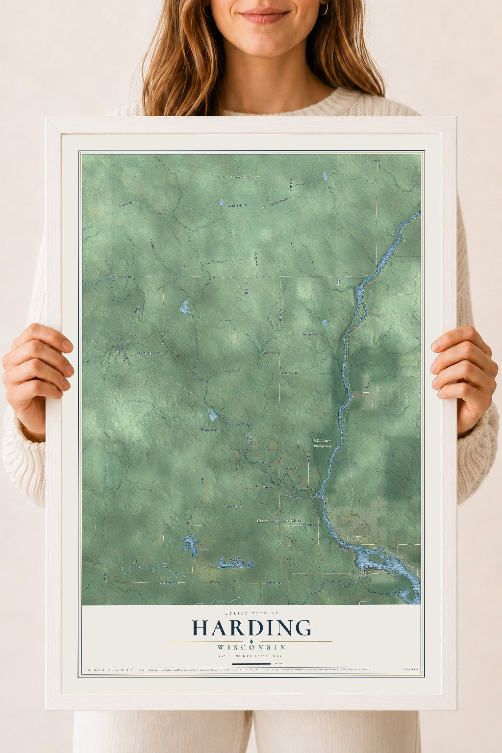 Map of Harding, Wisconsin, 18 x 24 inch print in a white wood frame