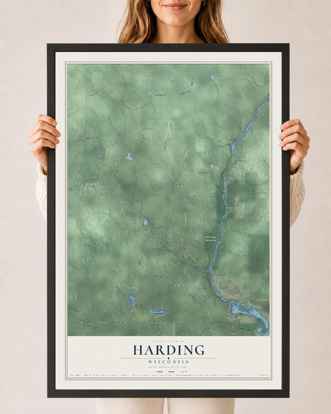 Map of Harding, Wisconsin, 24 x 36 inch print in a black wood frame