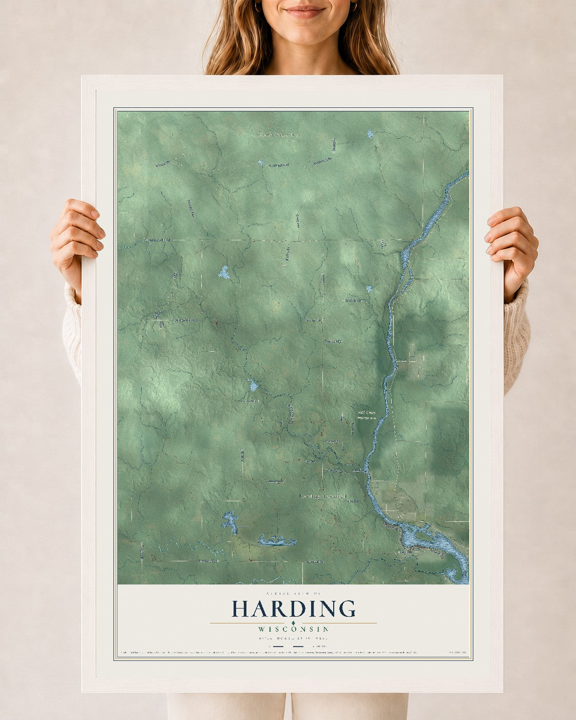 Map of Harding, Wisconsin, 24 x 36 inch print in a white wood frame