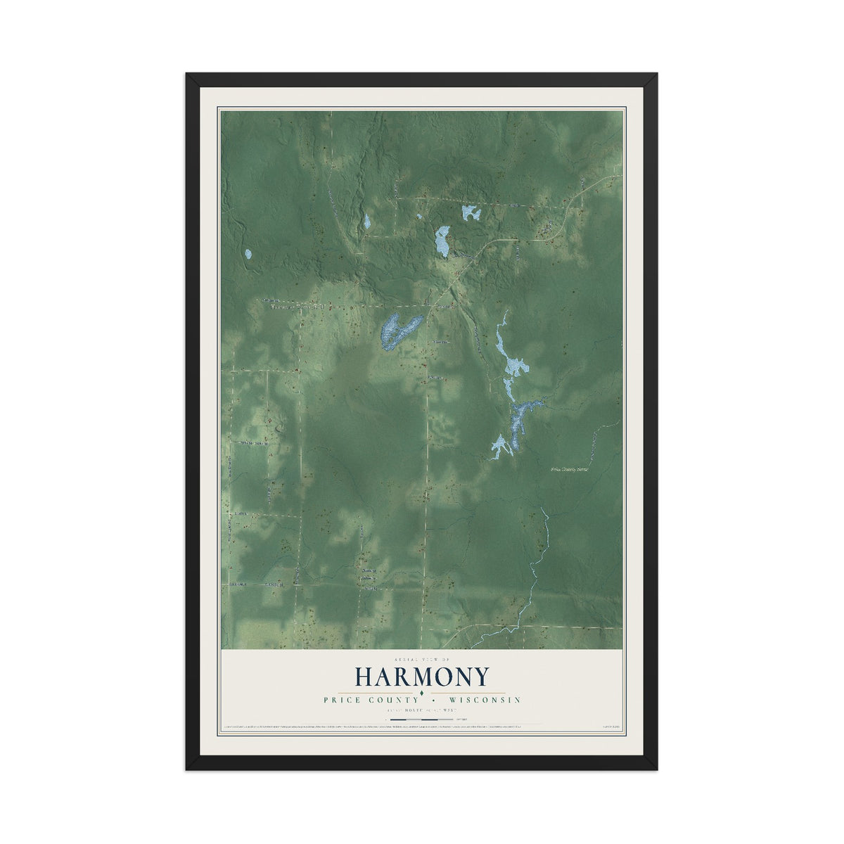 Map of Harmony, Price County, Wisconsin, 12 x 18 inch print in a black wood frame