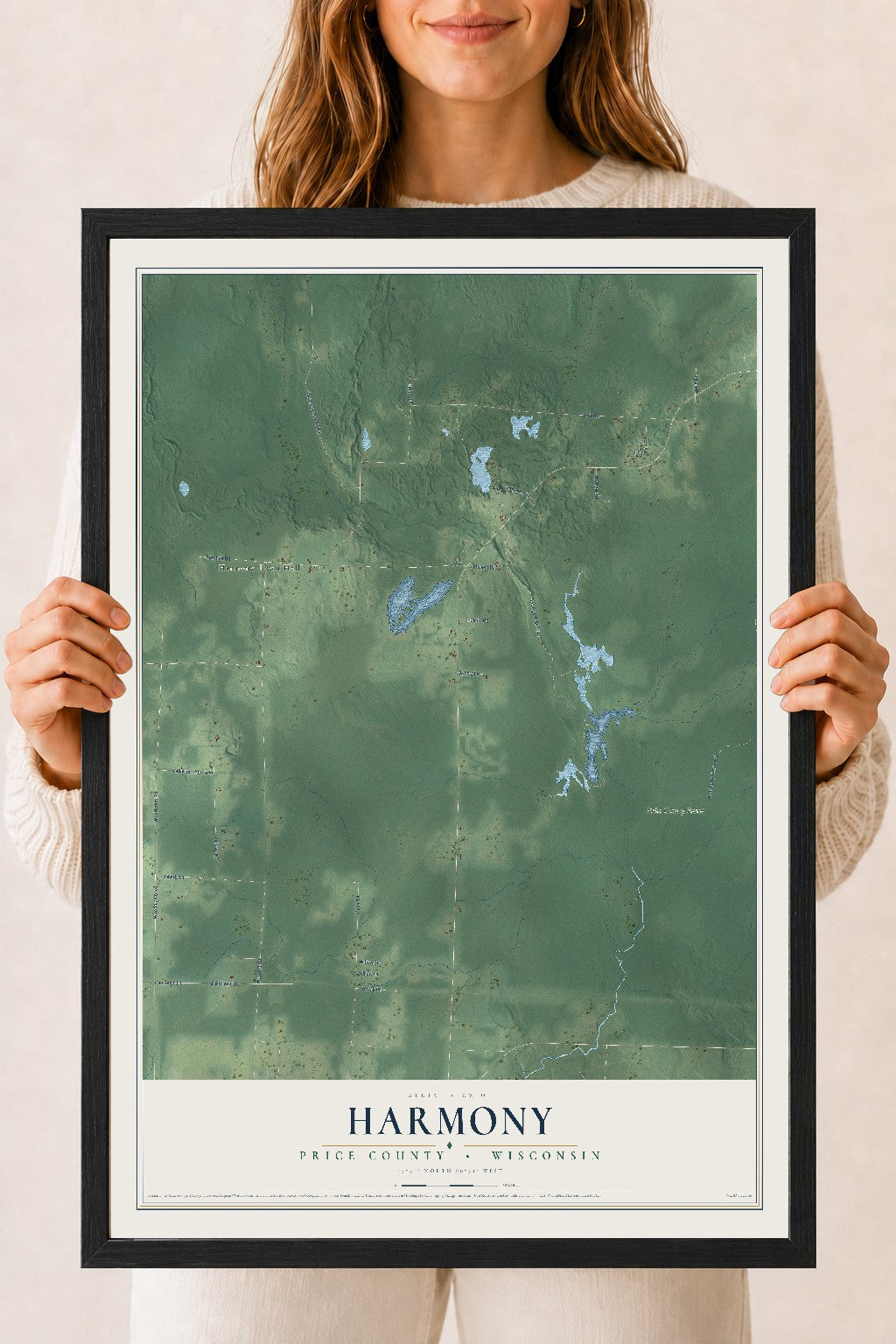 Map of Harmony, Price County, Wisconsin, 18 x 24 inch print in a black wood frame