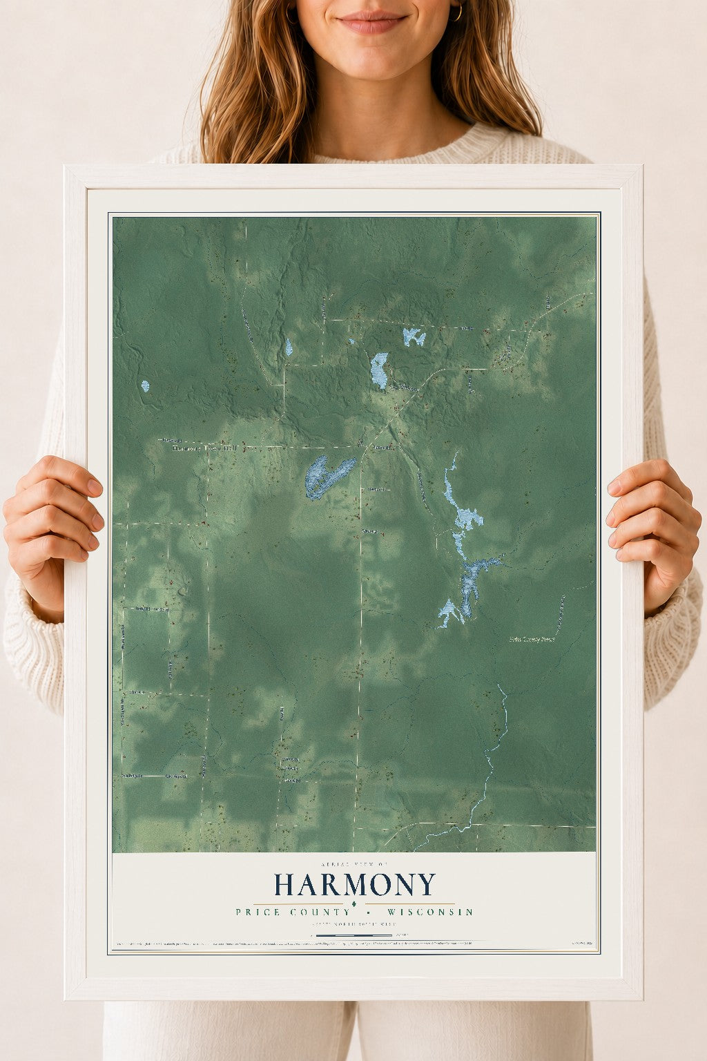 Map of Harmony, Price County, Wisconsin, 18 x 24 inch print in a white wood frame