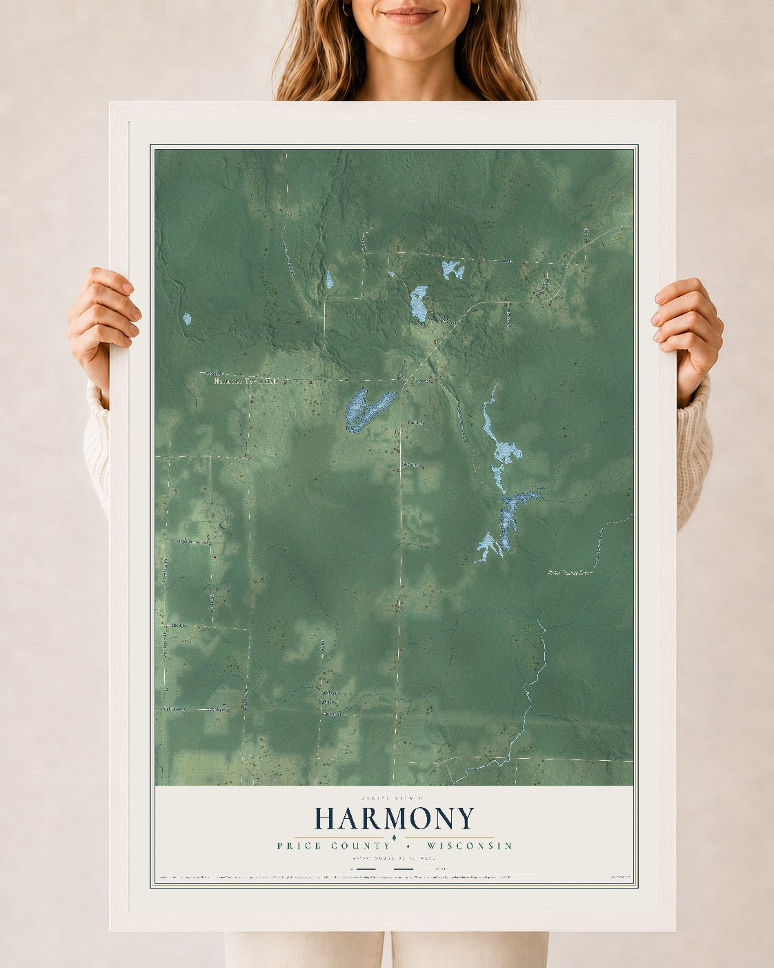 Map of Harmony, Price County, Wisconsin, 24 x 36 inch print in a white wood frame