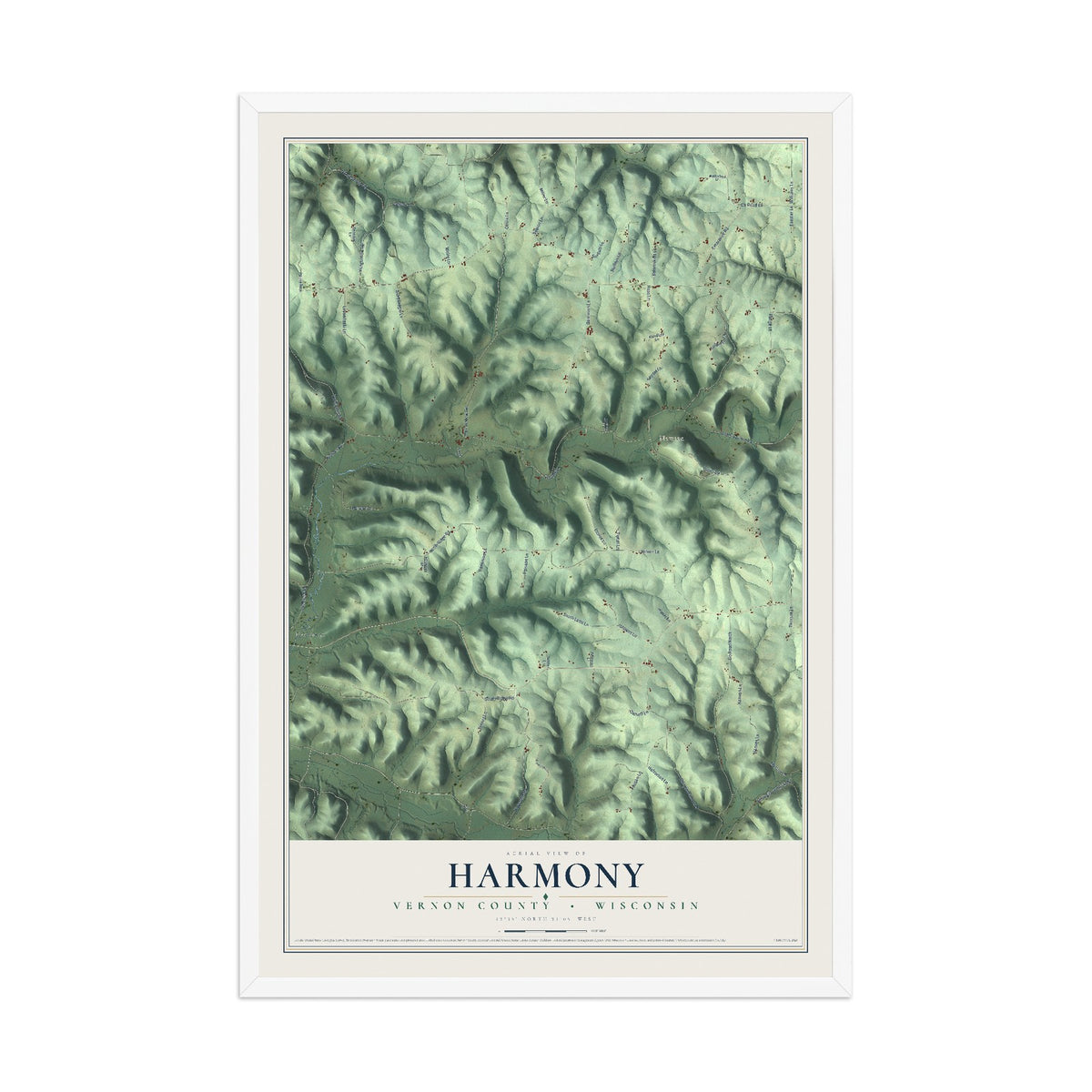 Map of Harmony, Vernon County, Wisconsin, 12 x 18 inch print in a white wood frame