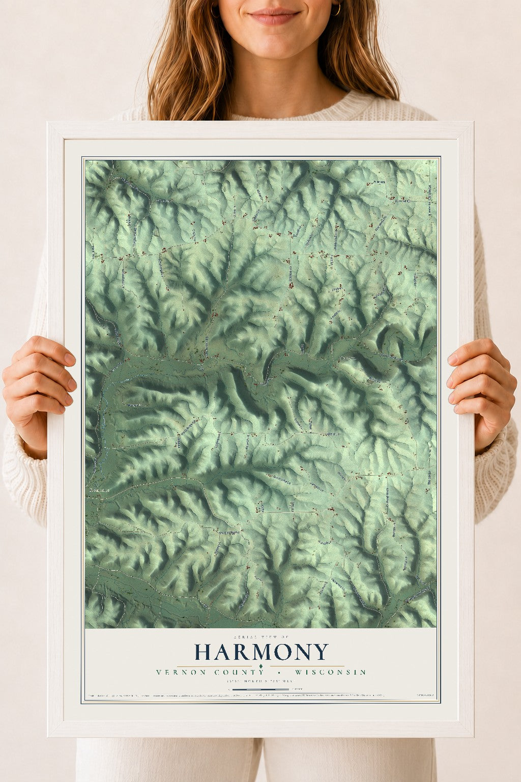 Map of Harmony, Vernon County, Wisconsin, 18 x 24 inch print in a white wood frame