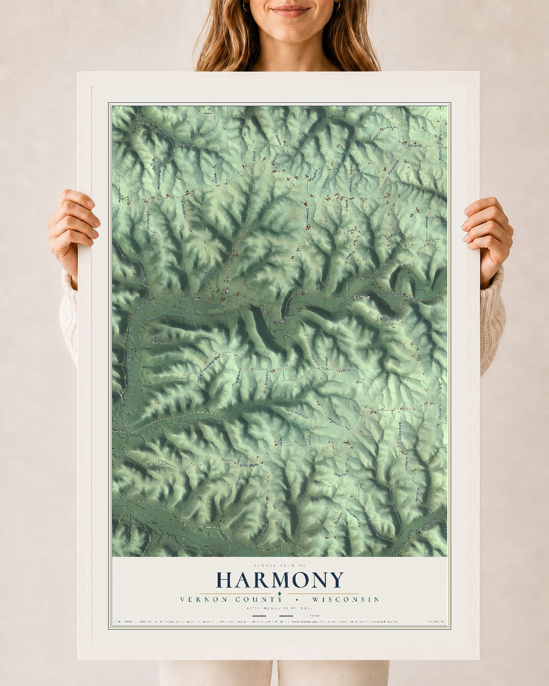 Map of Harmony, Vernon County, Wisconsin, 24 x 36 inch print in a white wood frame