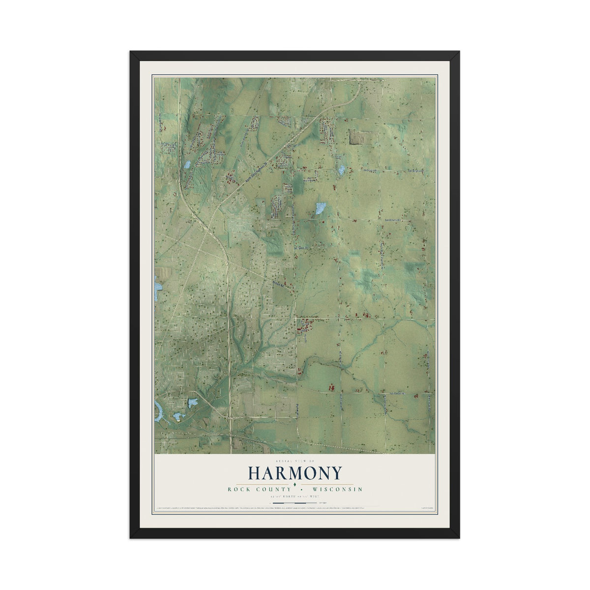 Map of Harmony, Rock County, Wisconsin, 12 x 18 inch print in a black wood frame