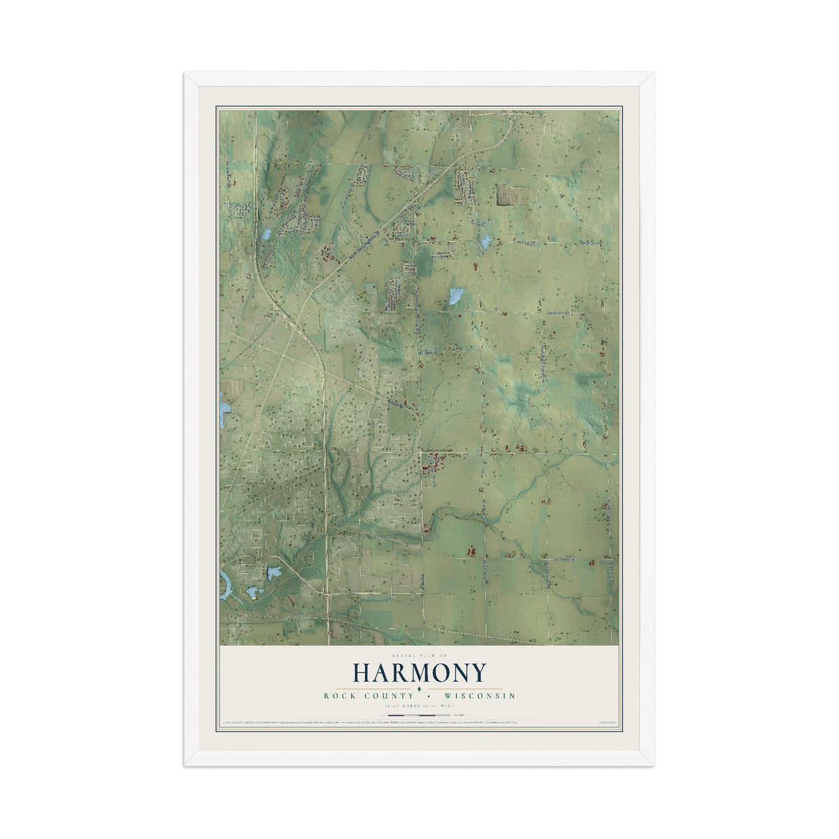 Map of Harmony, Rock County, Wisconsin, 12 x 18 inch print in a white wood frame