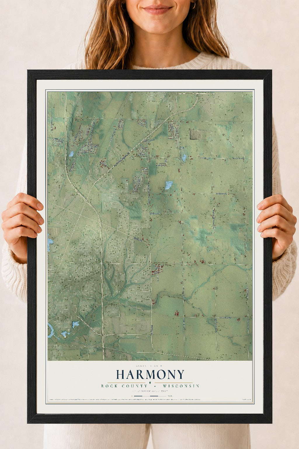 Map of Harmony, Rock County, Wisconsin, 18 x 24 inch print in a black wood frame