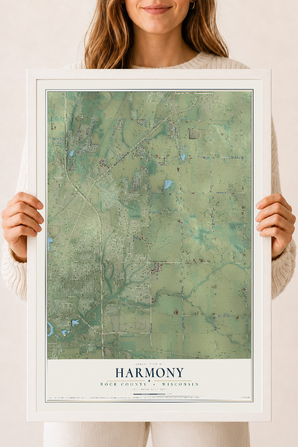 Map of Harmony, Rock County, Wisconsin, 18 x 24 inch print in a white wood frame