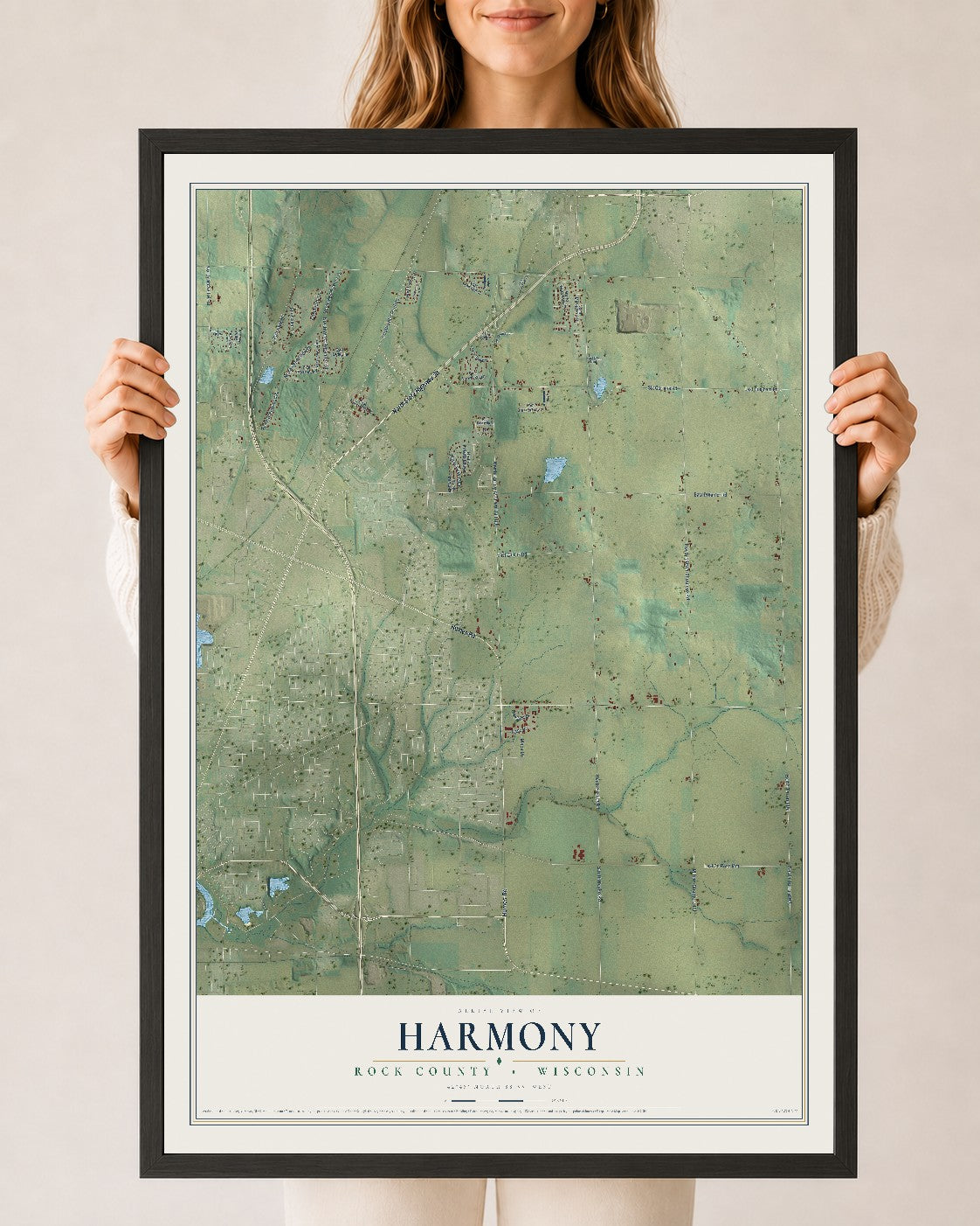 Map of Harmony, Rock County, Wisconsin, 24 x 36 inch print in a black wood frame
