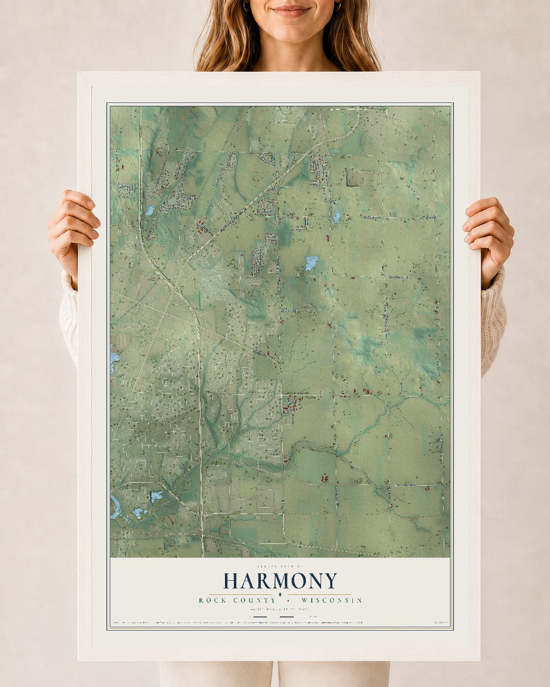 Map of Harmony, Rock County, Wisconsin, 24 x 36 inch print in a white wood frame