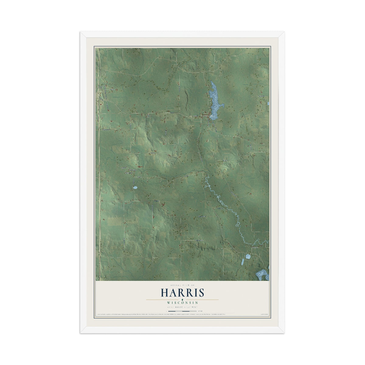 Map of Harris, Wisconsin, 12 x 18 inch print in a white wood frame