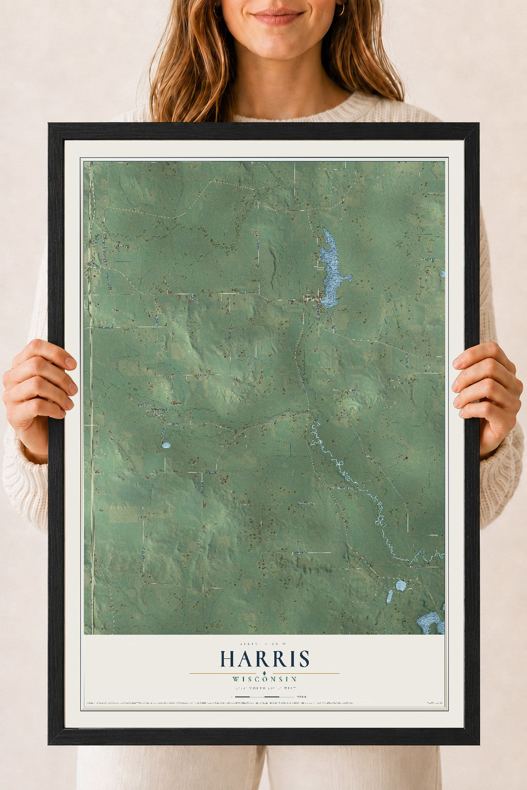 Map of Harris, Wisconsin, 18 x 24 inch print in a black wood frame