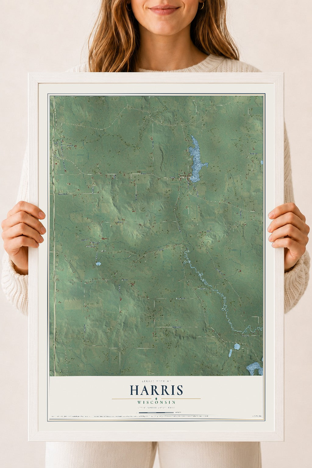 Map of Harris, Wisconsin, 18 x 24 inch print in a white wood frame