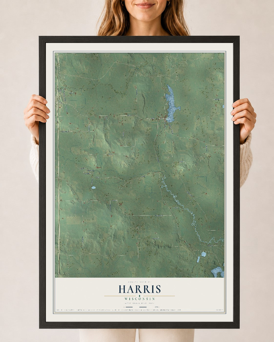 Map of Harris, Wisconsin, 24 x 36 inch print in a black wood frame