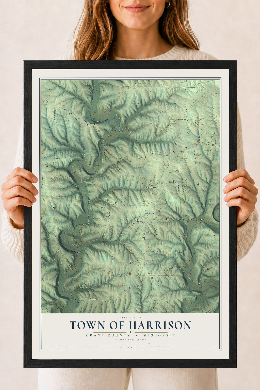 Map of the Town of Harrison, Grant County, Wisconsin, 18 x 24 inch print in a black wood frame