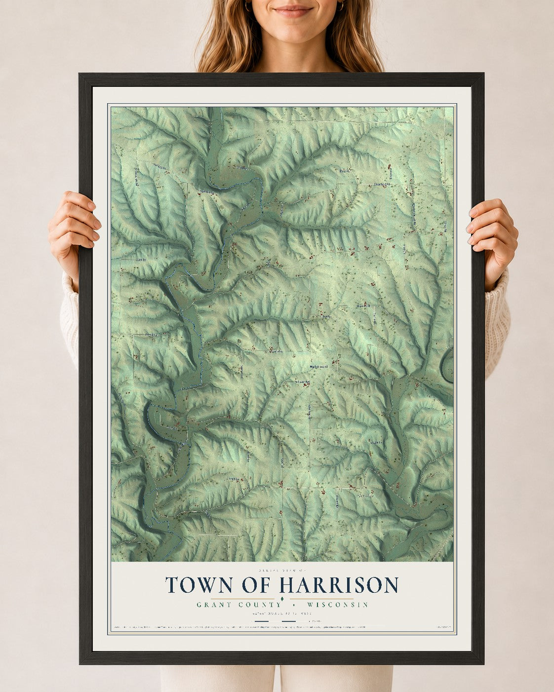 Map of the Town of Harrison, Grant County, Wisconsin, 24 x 36 inch print in a black wood frame