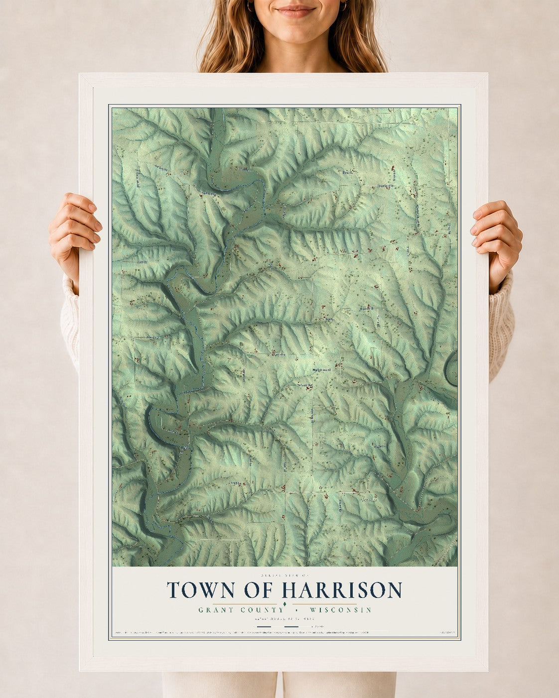 Map of the Town of Harrison, Grant County, Wisconsin, 24 x 36 inch print in a white wood frame