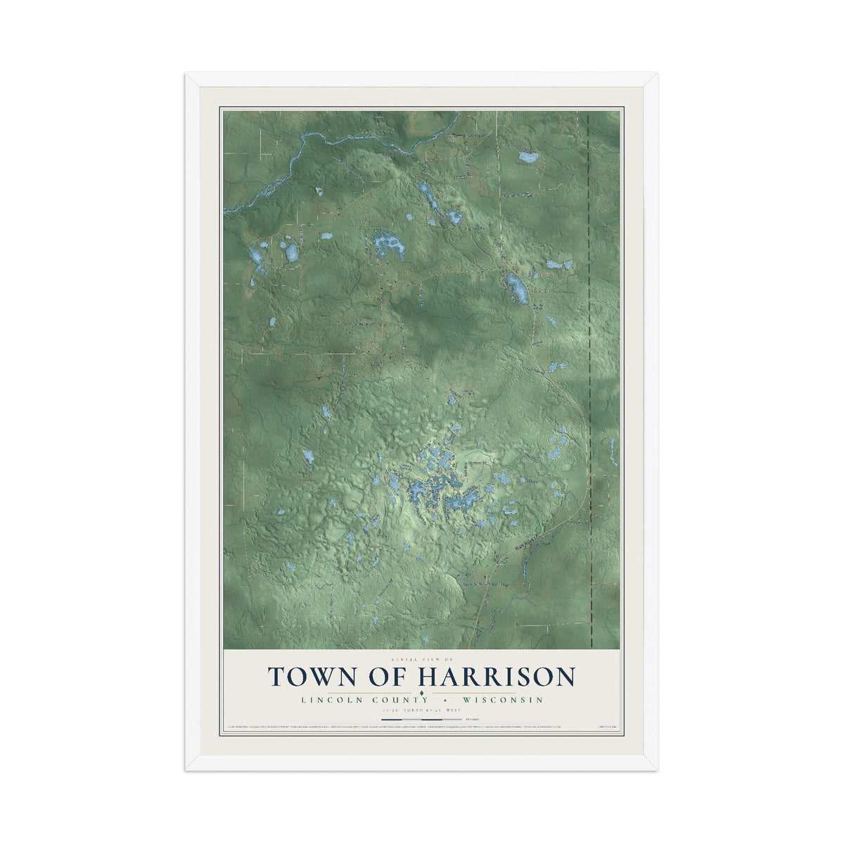 Map of the Town of Harrison, Lincoln County, Wisconsin, 12 x 18 inch print in a white wood frame