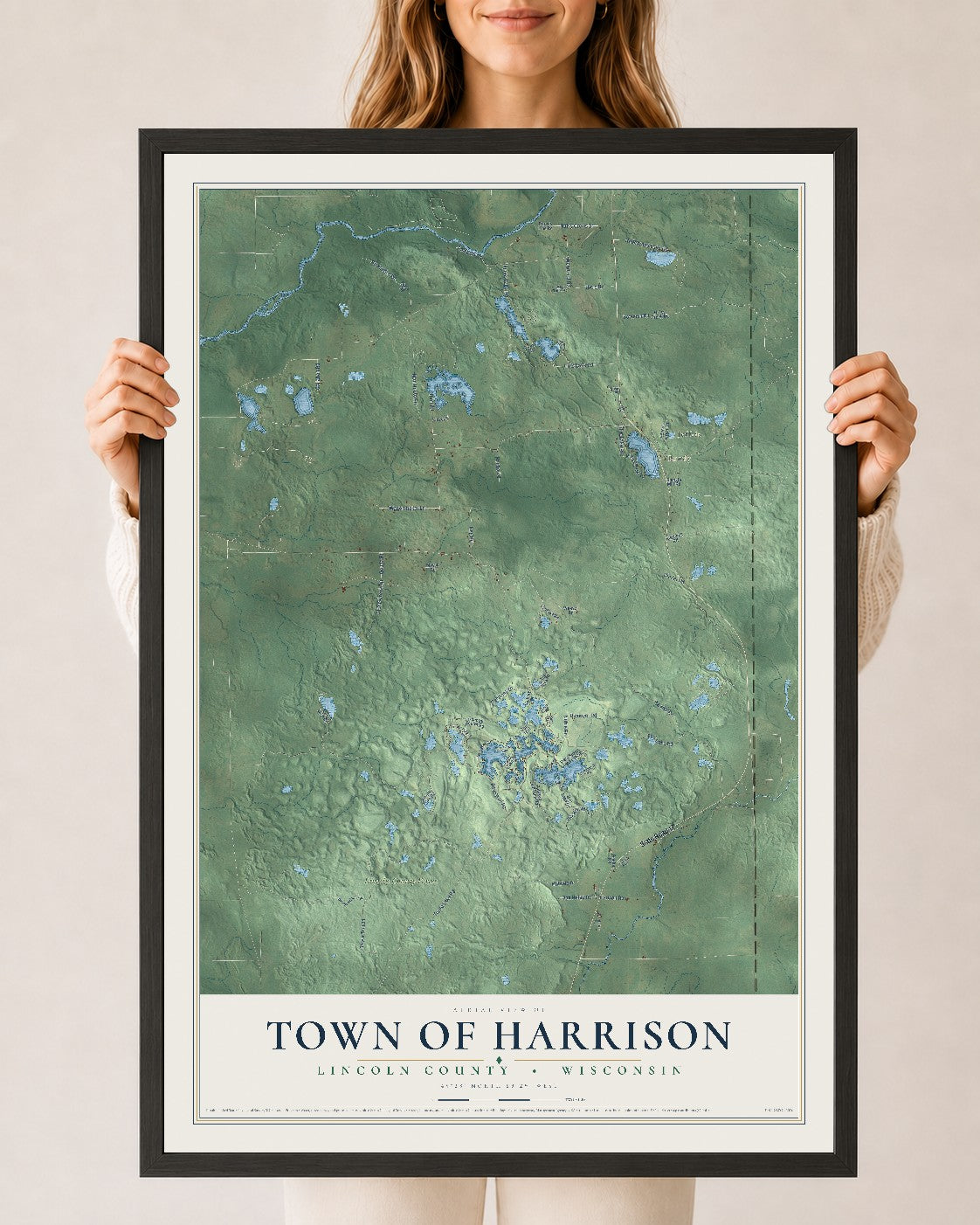 Map of the Town of Harrison, Lincoln County, Wisconsin, 24 x 36 inch print in a black wood frame