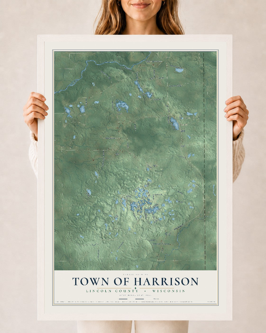 Map of the Town of Harrison, Lincoln County, Wisconsin, 24 x 36 inch print in a white wood frame