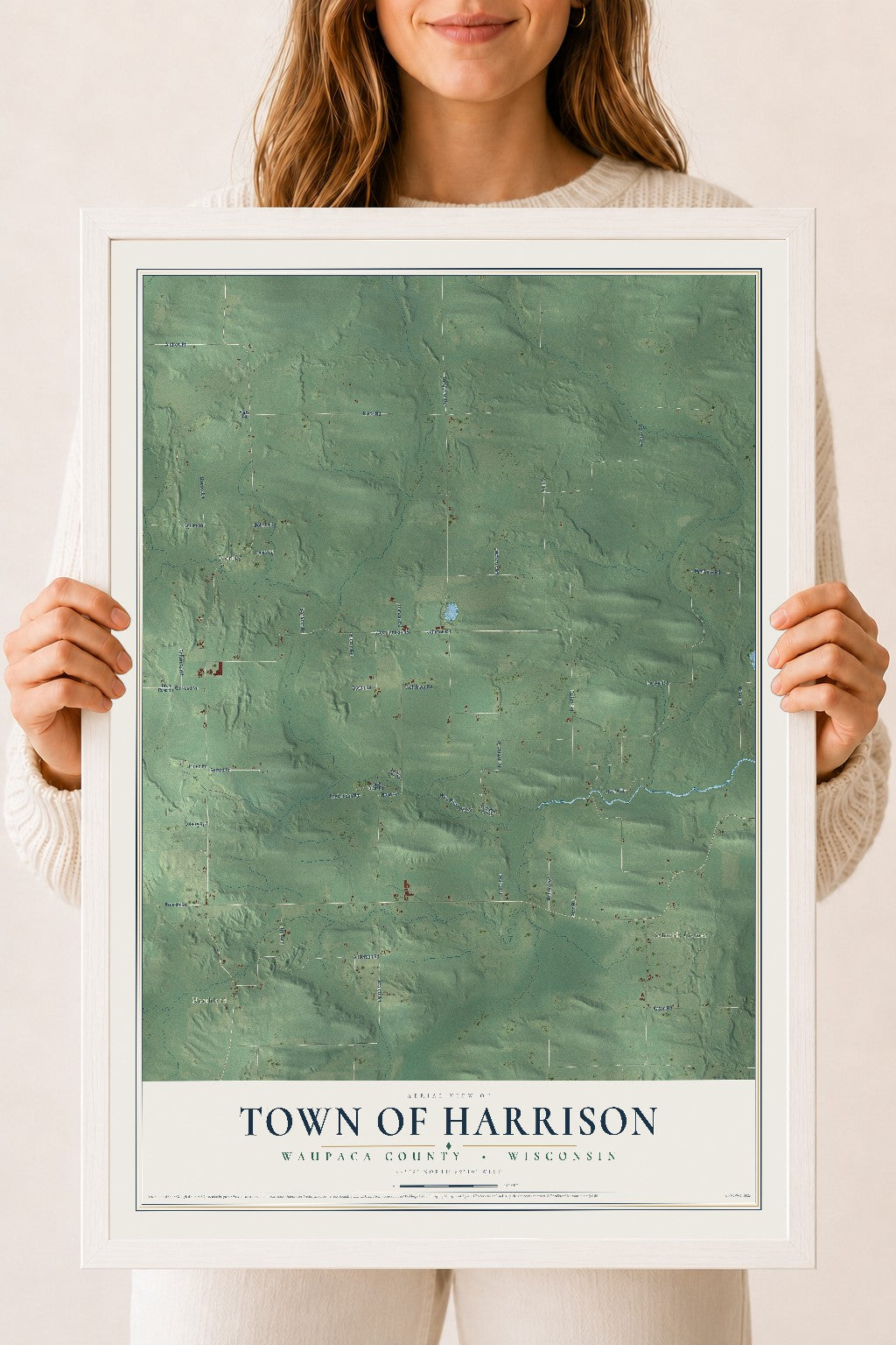 Map of the Town of Harrison, Waupaca County, Wisconsin, 18 x 24 inch print in a white wood frame