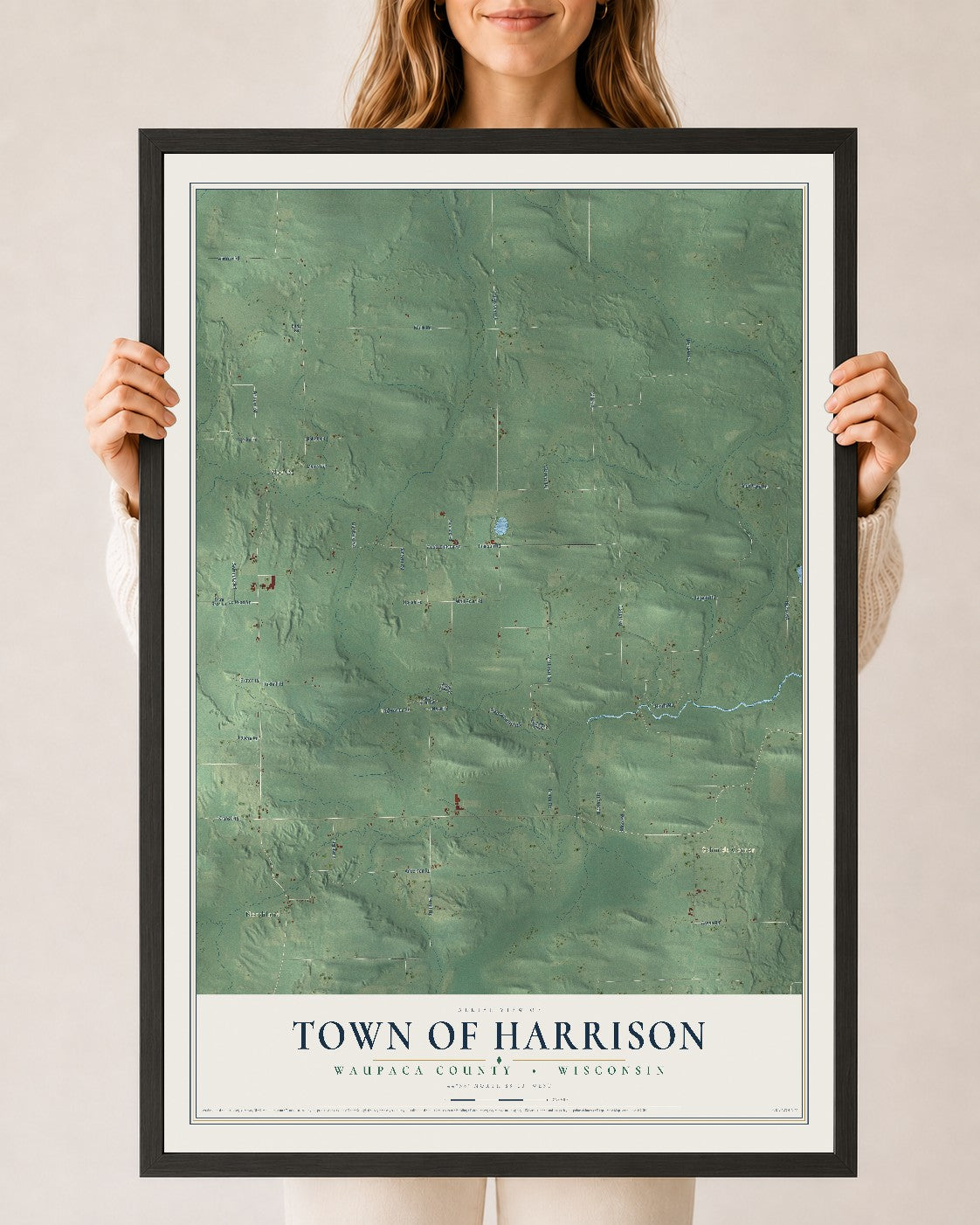 Map of the Town of Harrison, Waupaca County, Wisconsin, 24 x 36 inch print in a black wood frame