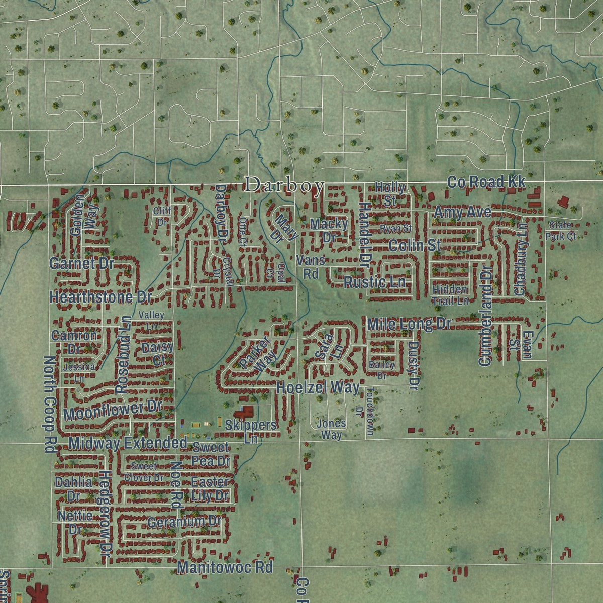 Close-up of the map of Harrison, Wisconsin print showing street and building detail