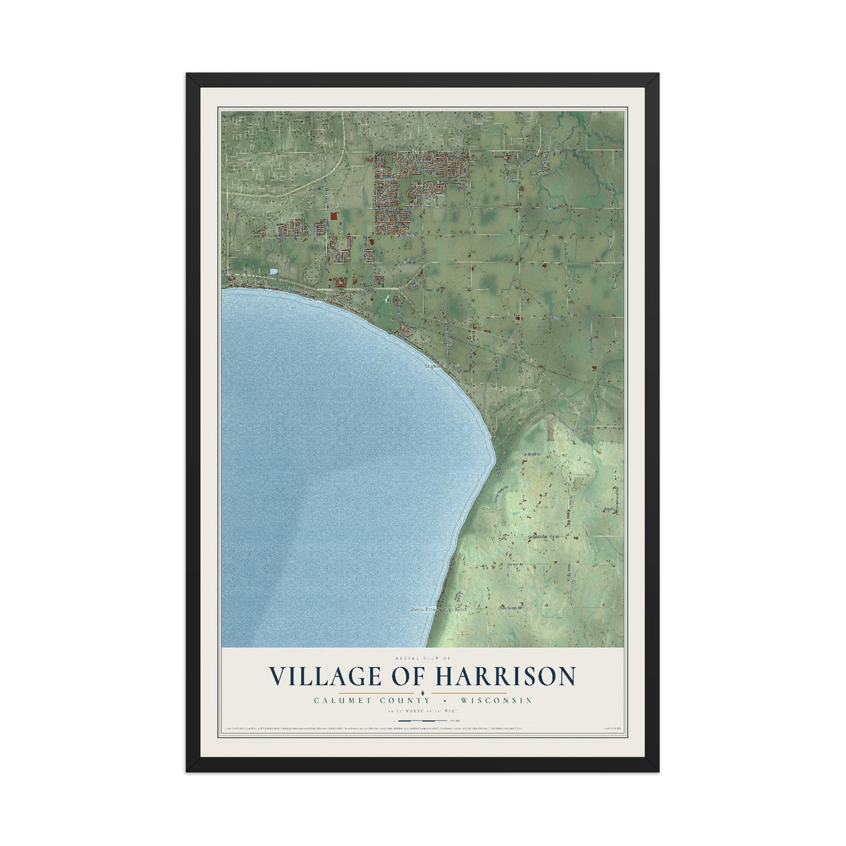 Map of Harrison, Wisconsin, 12 x 18 inch print in a black wood frame