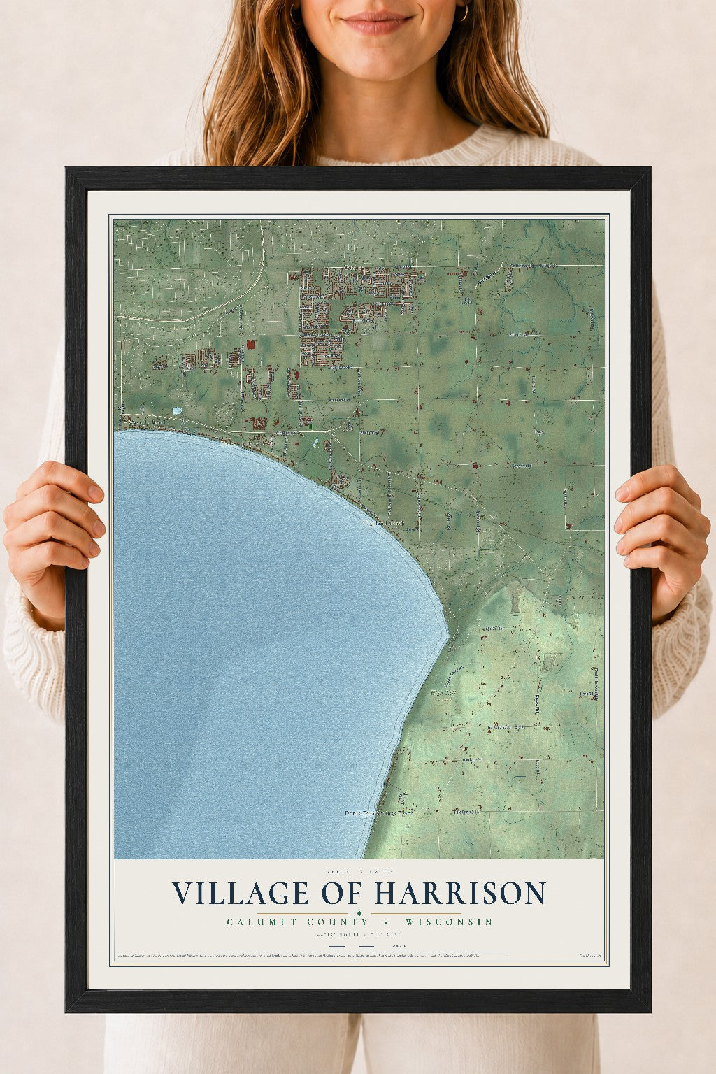 Map of Harrison, Wisconsin, 18 x 24 inch print in a black wood frame