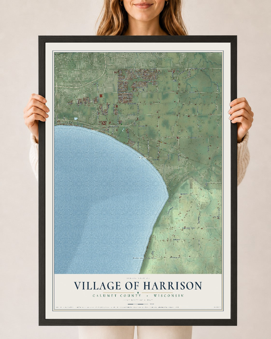 Map of Harrison, Wisconsin, 24 x 36 inch print in a black wood frame