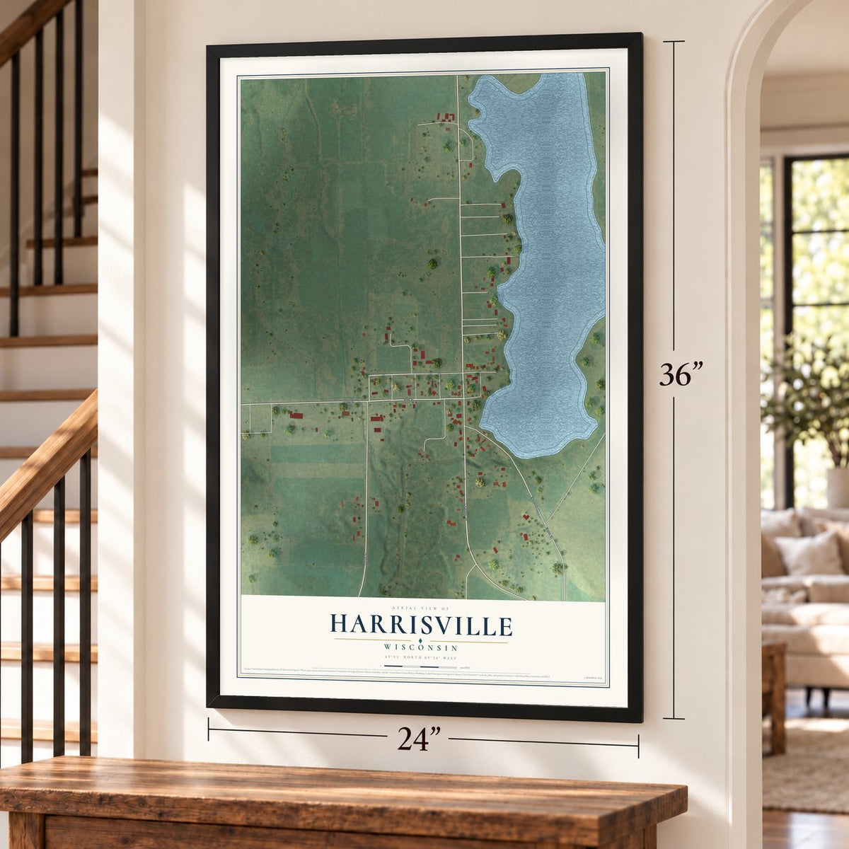 Harrisville, Wisconsin map, 24 x 36 inch print in a black frame by a staircase