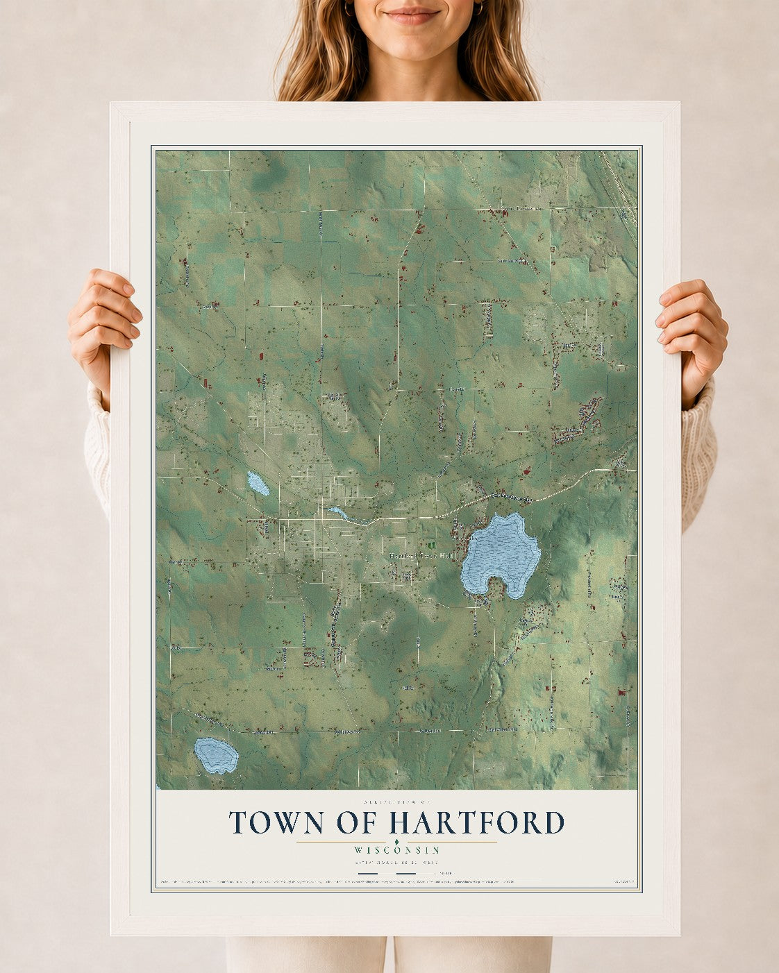 Map of the Town of Hartford, Wisconsin, 24 x 36 inch print in a white wood frame