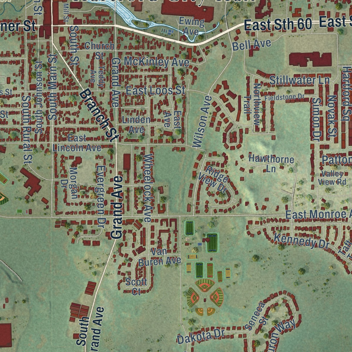 Close-up of the map of Hartford, Wisconsin print showing street and building detail