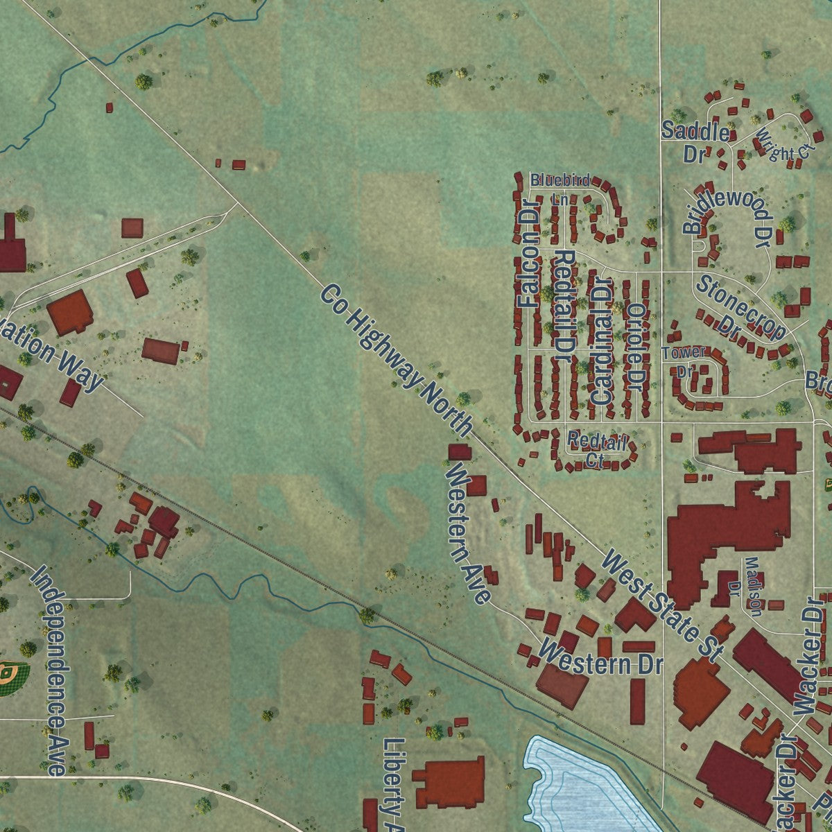 Second close-up of the map of Hartford, Wisconsin print showing more streets and buildings
