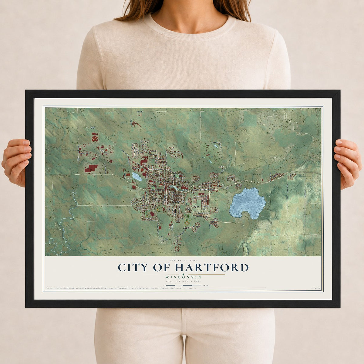 Map of Hartford, Wisconsin, 12 x 18 inch print in a black wood frame