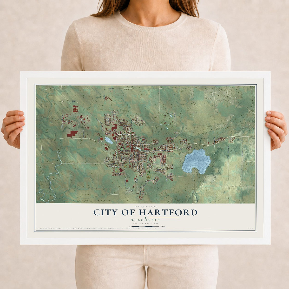 Map of Hartford, Wisconsin, 12 x 18 inch print in a white wood frame