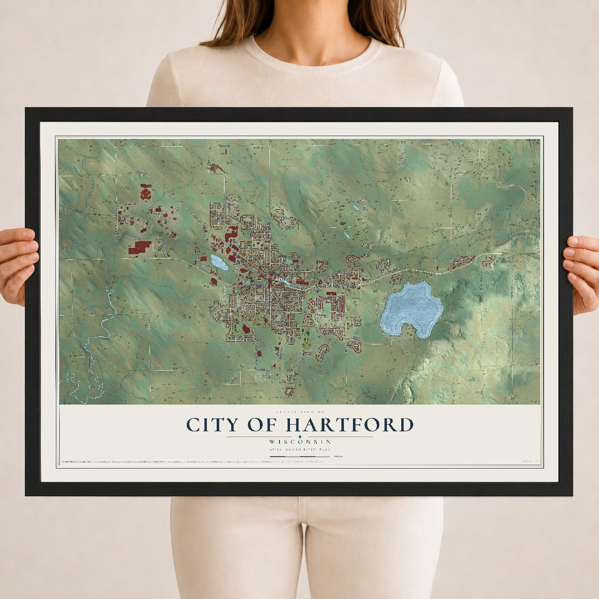 Map of Hartford, Wisconsin, 18 x 24 inch print in a black wood frame
