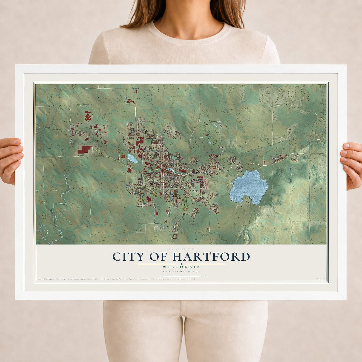 Map of Hartford, Wisconsin, 18 x 24 inch print in a white wood frame