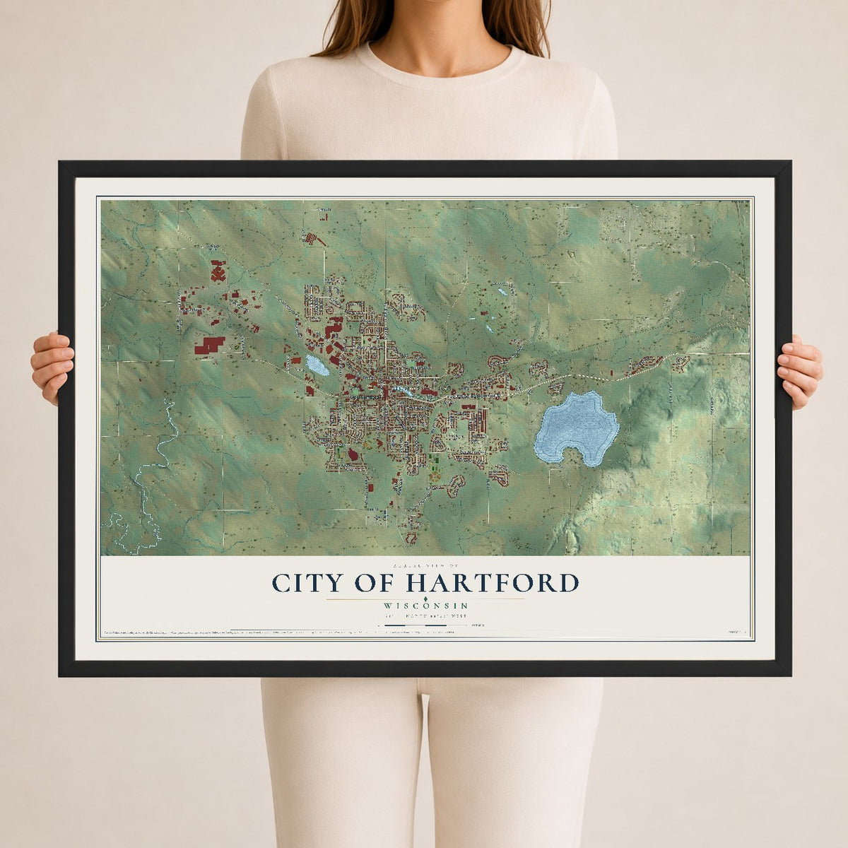 Map of Hartford, Wisconsin, 24 x 36 inch print in a black wood frame