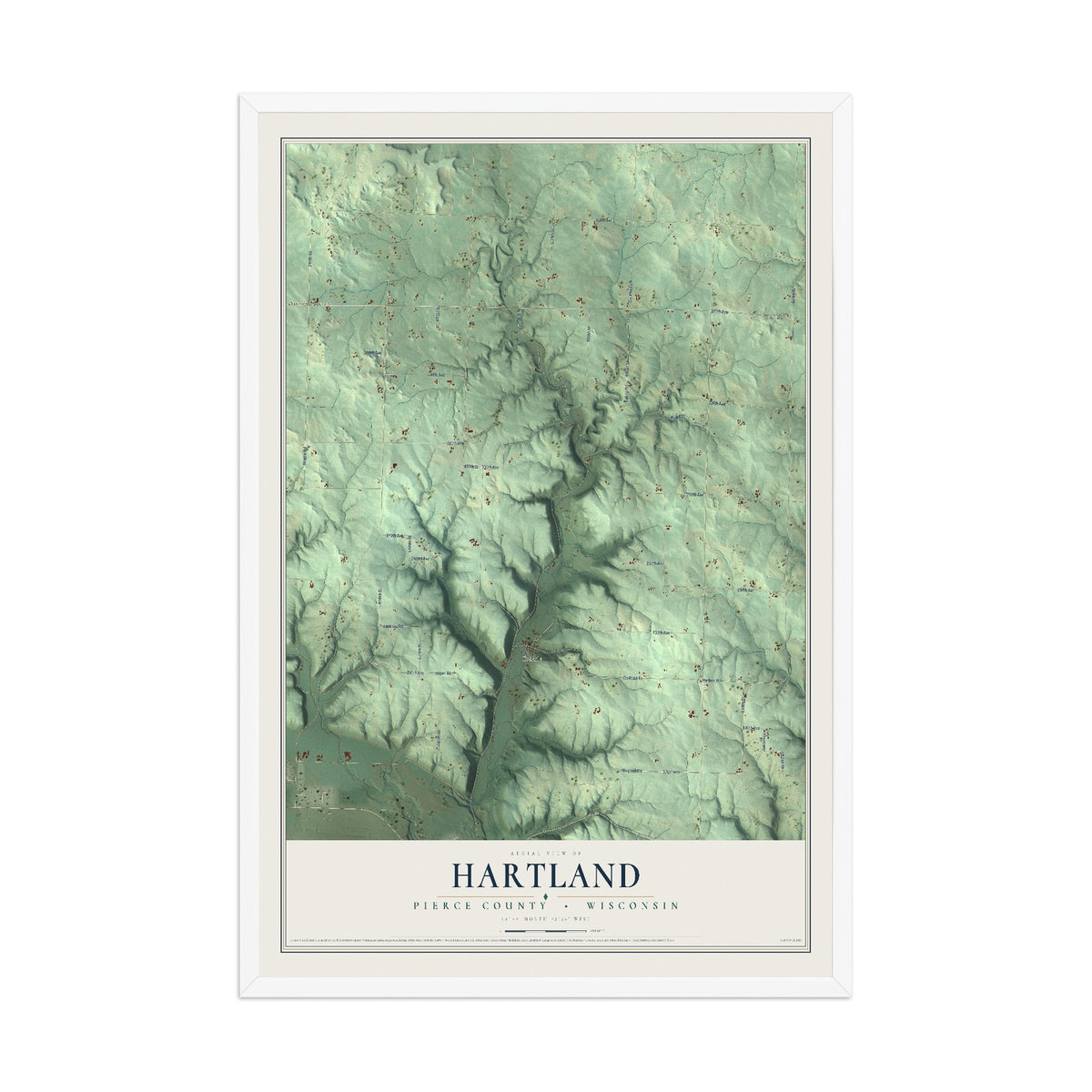 Map of Hartland, Pierce County, Wisconsin, 12 x 18 inch print in a white wood frame