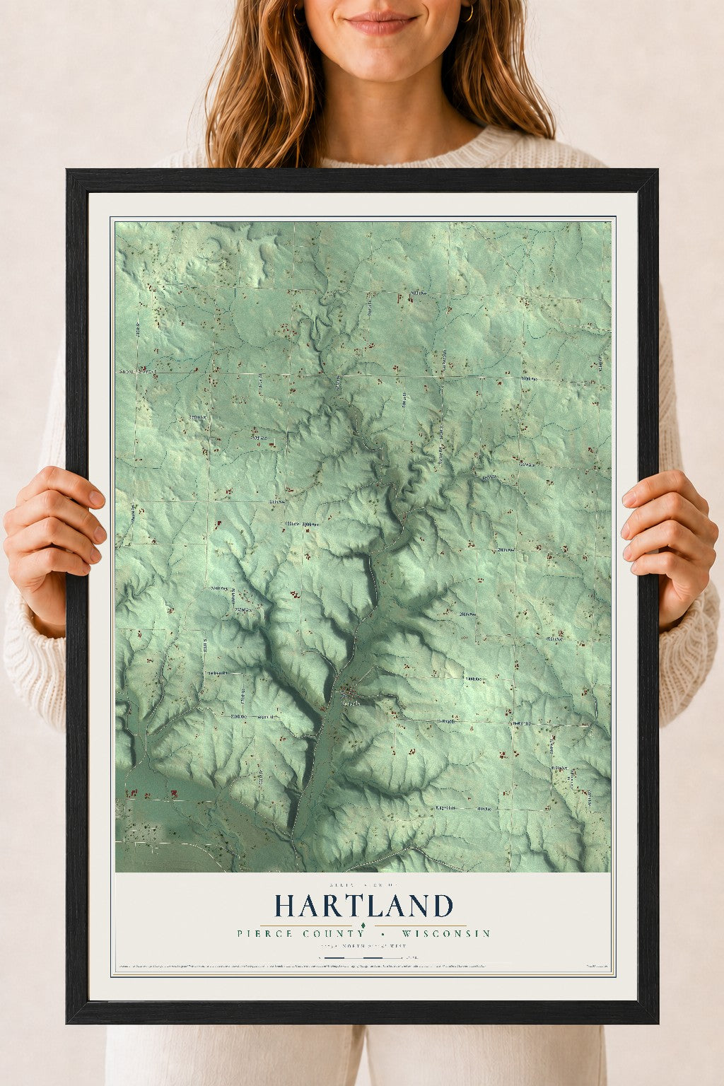 Map of Hartland, Pierce County, Wisconsin, 18 x 24 inch print in a black wood frame