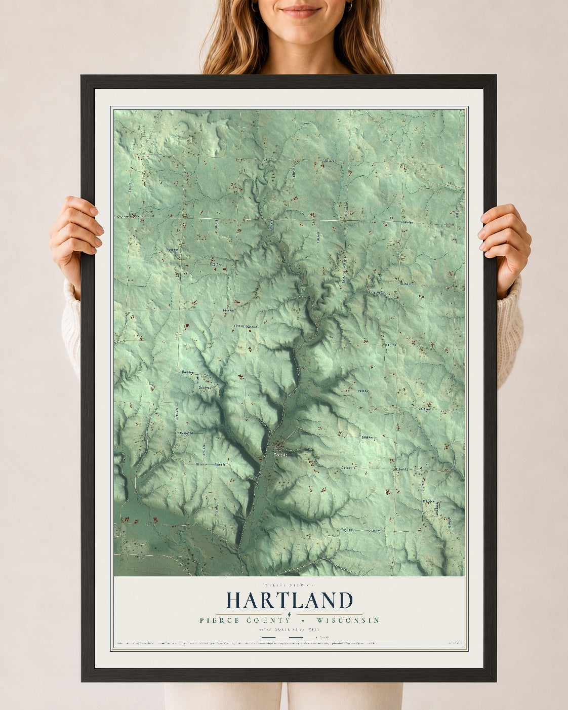Map of Hartland, Pierce County, Wisconsin, 24 x 36 inch print in a black wood frame