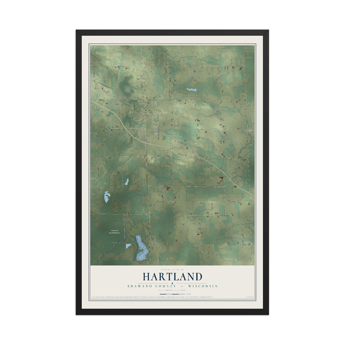 Map of Hartland, Shawano County, Wisconsin, 12 x 18 inch print in a black wood frame
