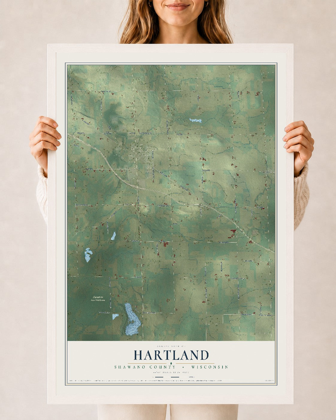 Map of Hartland, Shawano County, Wisconsin, 24 x 36 inch print in a white wood frame