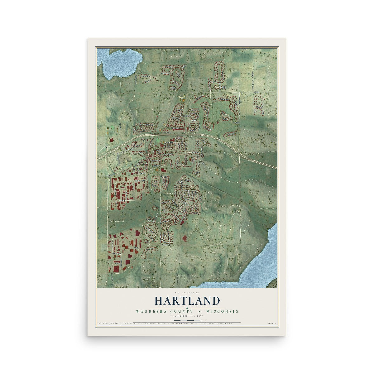 Map of Hartland, Waukesha County, Wisconsin, 12 x 18 inch unframed archival matte print