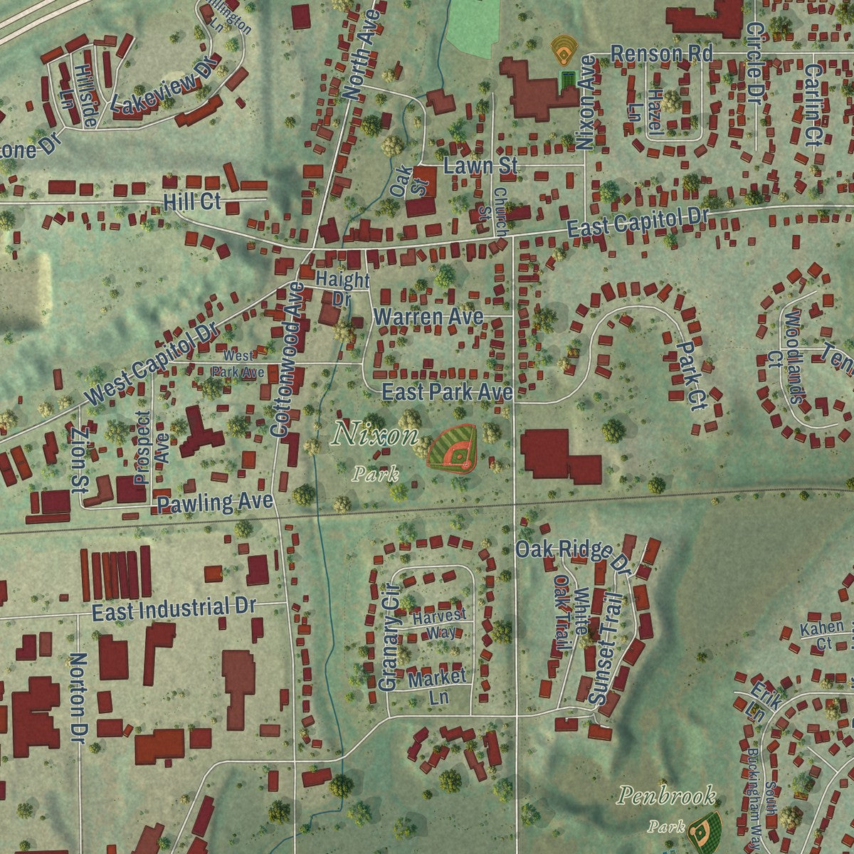 Close-up of the map of Hartland, Waukesha County, Wisconsin print showing street and building detail