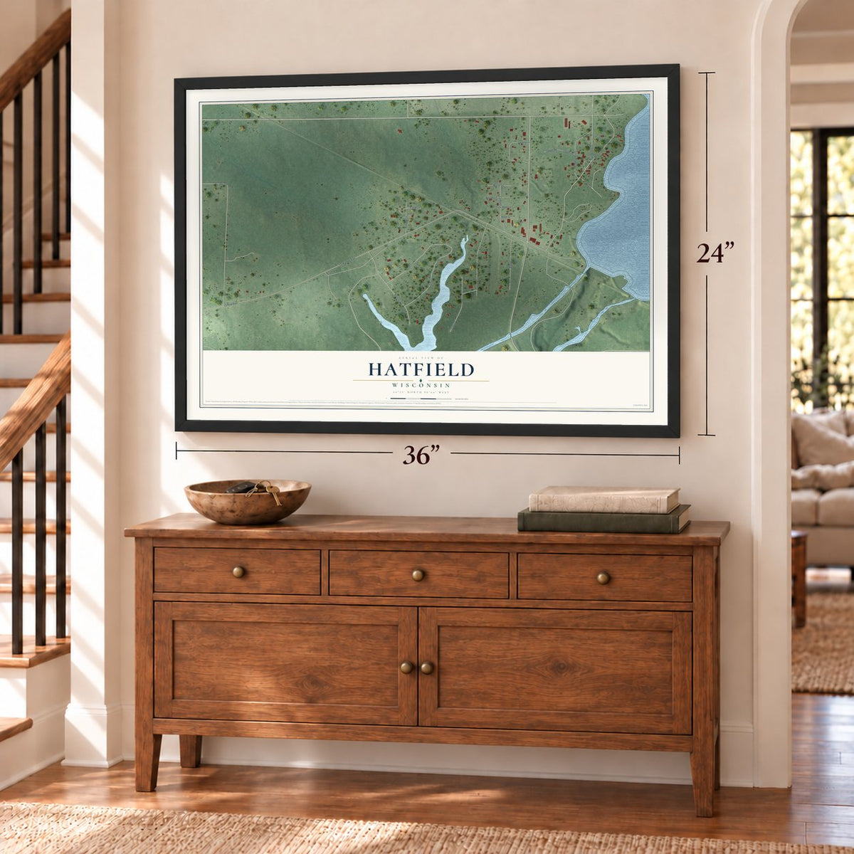Hatfield, Wisconsin map, 24 x 36 inch print in a black frame above a dresser by a staircase